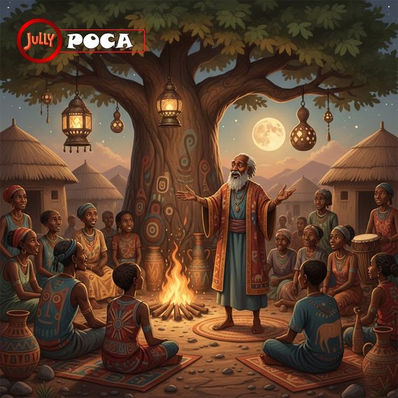 An elder guides the community through story, rhythm, and shared speech