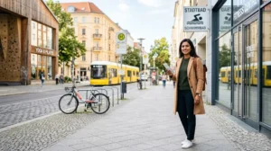 An expat professional standing on a Berlin street next to a fitness center and a public swimming pool sign while checking her digital sports membership app