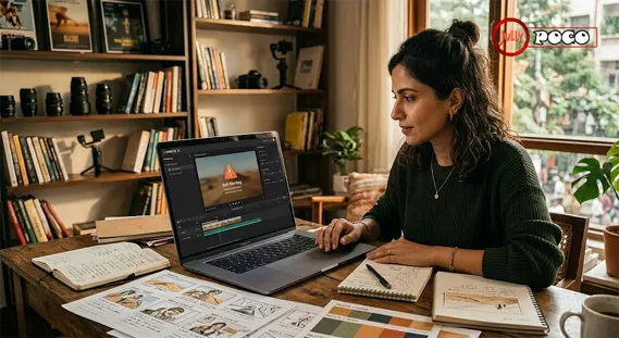 A content creator sitting at a modern workspace looking at a laptop screen that shows an AI video generation interface with a soft warning icon.