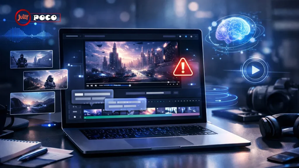 A laptop screen displaying an AI video editing interface with a red warning alert icon over a rendering sequence, representing a Grok video moderated error on a content creator's desk.