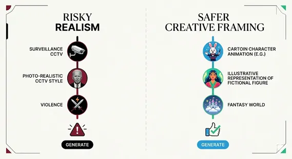 An infographic comparing a risky photorealistic AI prompt path to a safe, stylized, and animated prompt path for Grok Imagine.