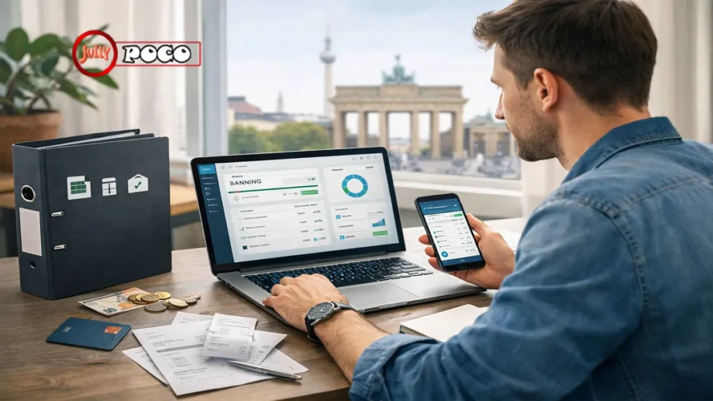 An expat freelancer managing a digital business bank account on a laptop and smartphone in Berlin, Germany.