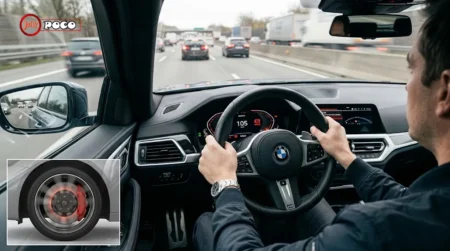 Why Is My Steering Wheel Shaking When I Brake? Causes & How to Fix It A driver holding a vibrating steering wheel at high speed on a highway with an inset showing a warped car brake rotor.