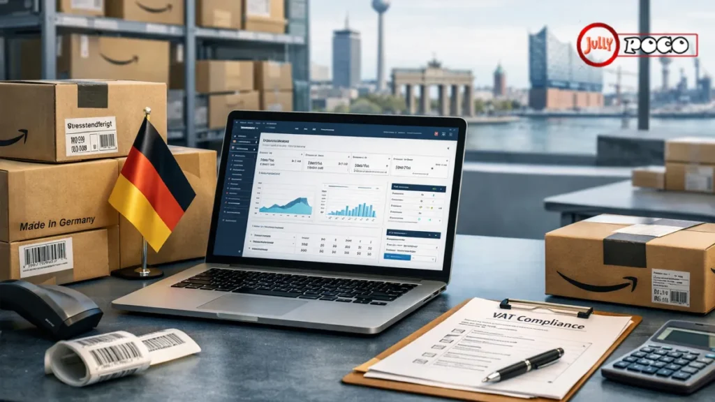 Amazon Business in Germany with warehouse logistics, seller dashboard, and VAT paperwork in a professional German e-commerce setting