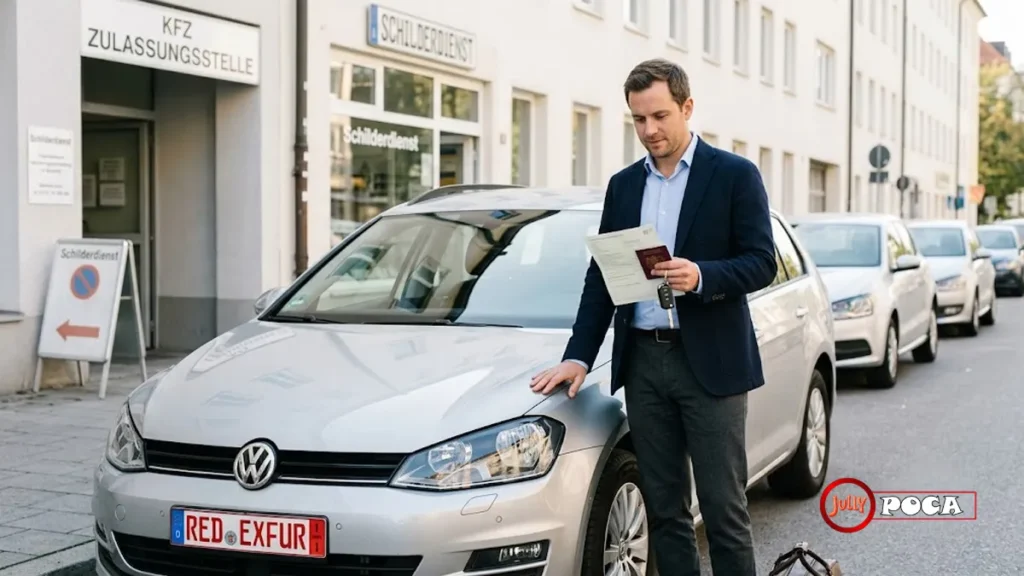 Buyer with a used car in Germany displaying red export plates outside a registration office