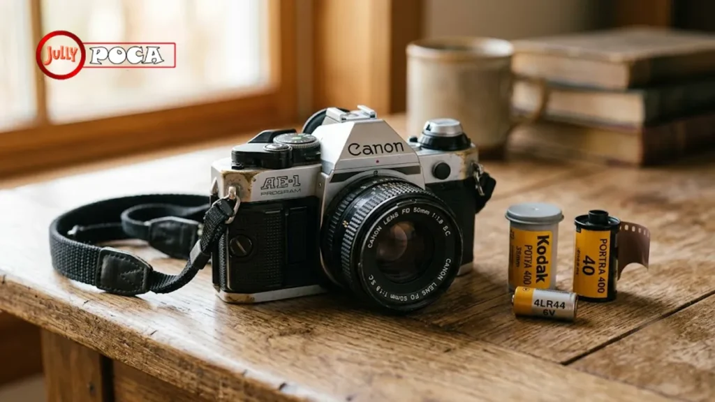 Canon AE-1 Program Review: Is This Classic Film Camera Worth It Today? Canon AE-1 Program film camera with FD lens, 35mm film rolls, and battery on a wooden desk