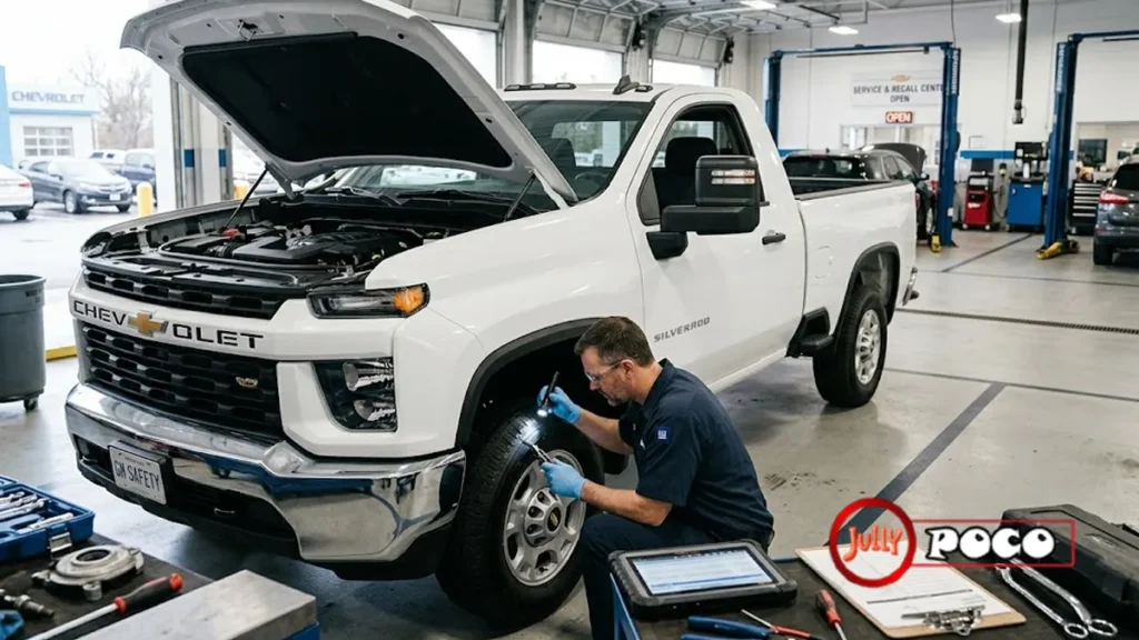 Chevy Silverado Brake Recall Guide: Affected Models, Defect Risks, and Free Repairs Chevrolet Silverado truck at dealership service bay during brake recall inspection