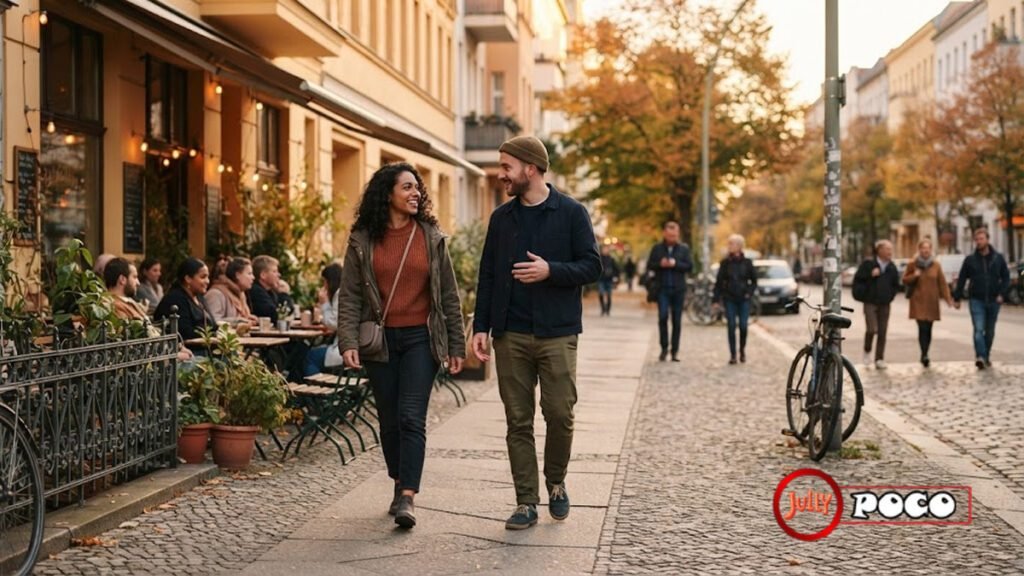 Two expats walking and talking on a casual date in a German city street cafe setting