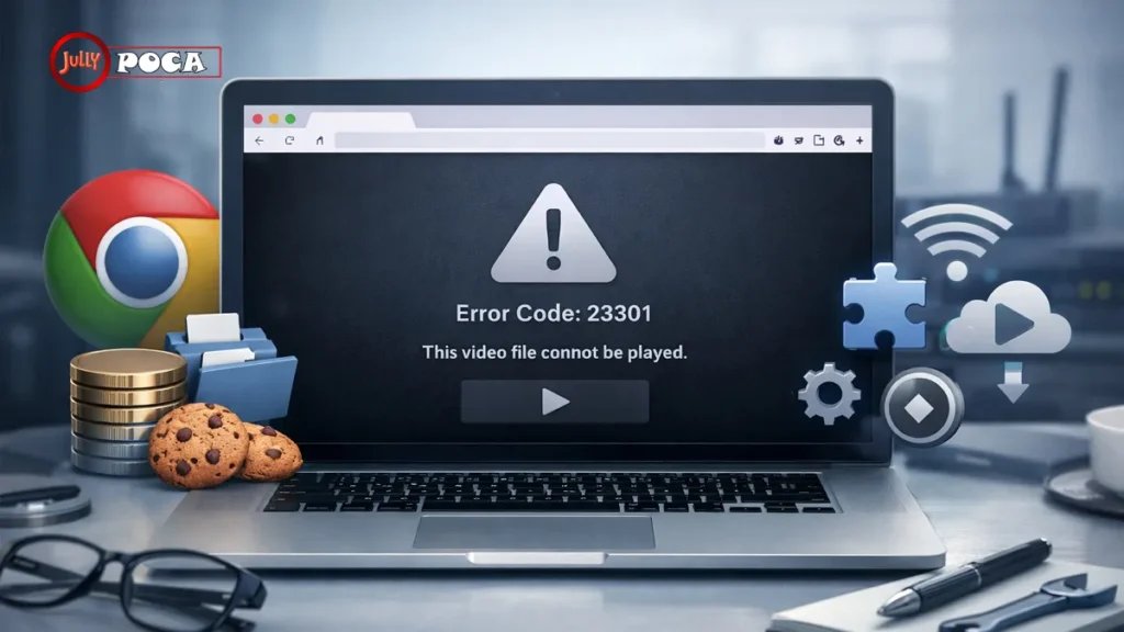 Laptop showing a browser video playback error with icons for cache, cookies, extensions, and network troubleshooting