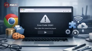 How to Fix This Video File Cannot Be Played Error Code 23301 Laptop showing a browser video playback error with icons for cache, cookies, extensions, and network troubleshooting