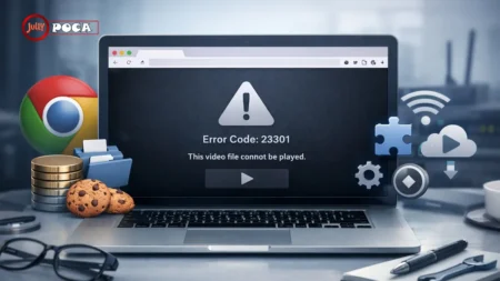 How to Fix This Video File Cannot Be Played Error Code 23301 Laptop showing a browser video playback error with icons for cache, cookies, extensions, and network troubleshooting