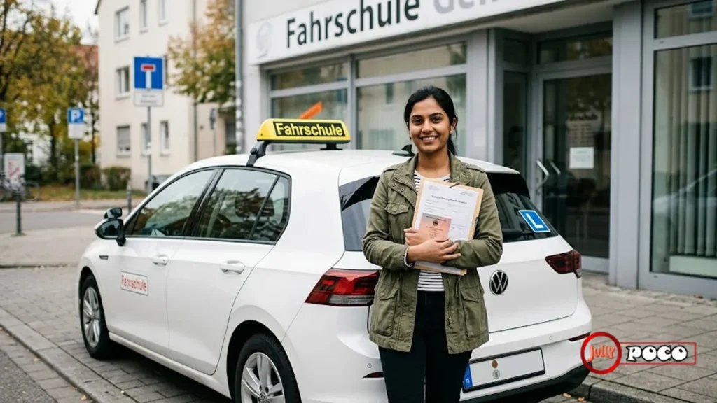 International learner driver holding documents beside a Fahrschule car in Germany