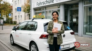 How to Get a Driving License in Germany: A Complete 7-Step Guide International learner driver holding documents beside a Fahrschule car in Germany