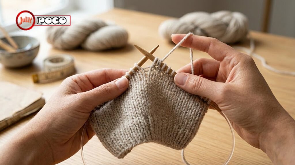 Hands knitting German short rows on a stockinette swatch with circular needles