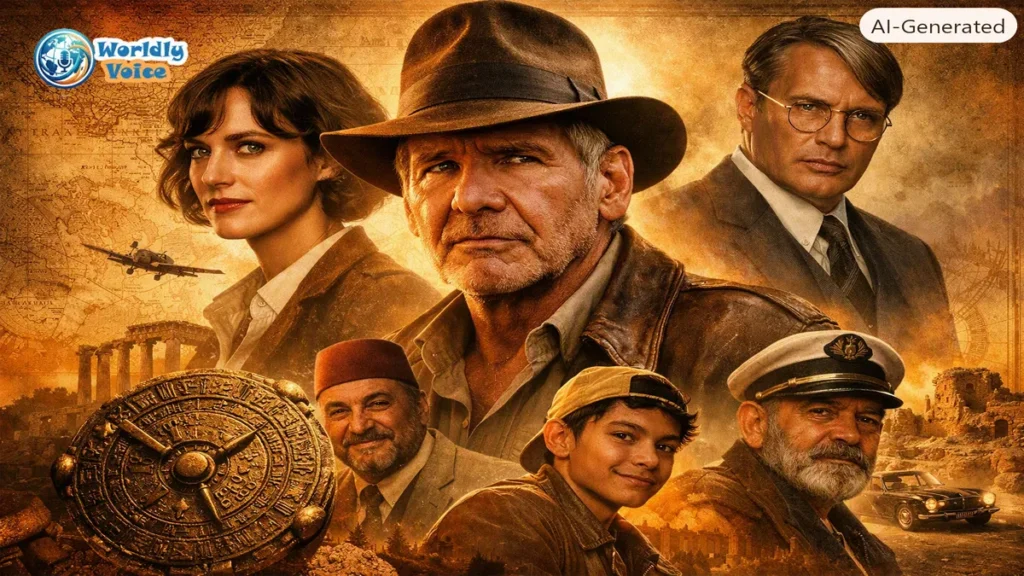 Indiana Jones and the Dial of Destiny main cast members including Harrison Ford, Phoebe Waller-Bridge, and Mads Mikkelsen