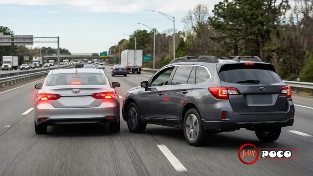 Front car braking suddenly on a highway as the driver behind reacts to a possible brake-check incident