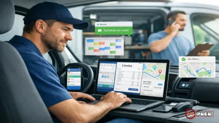 5 Best Jobber Alternatives for Small Business Operations in 2026 A service technician inside a work van using field management software on a laptop to manage scheduling, invoicing, and automated text reminders.