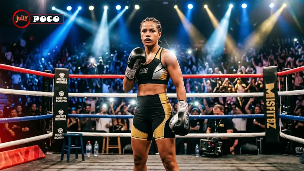 Editorial-style featured image of a female crossover boxer in a lit arena ring ahead of her next scheduled fight