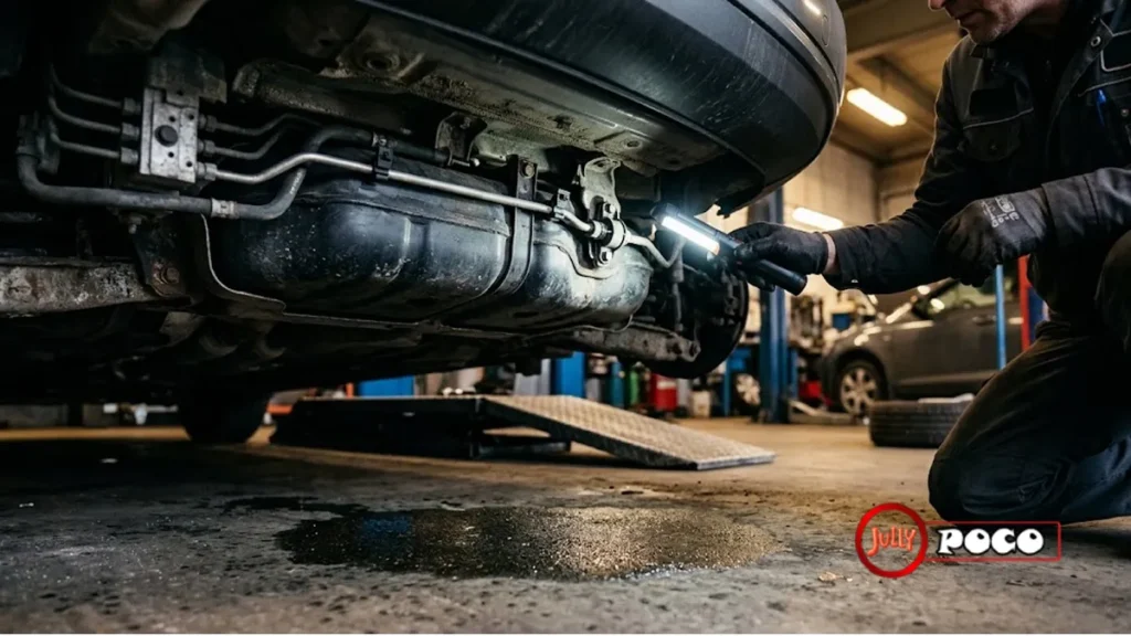Mechanic inspecting fuel line under a vehicle to identify causes of gas leaking from car